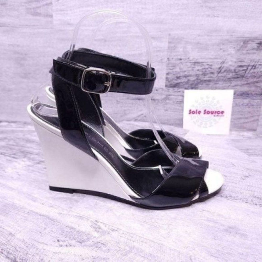 Marc Fisher Glenna Patent Leather Colorblock Wedge Sandal Black White Women's 8